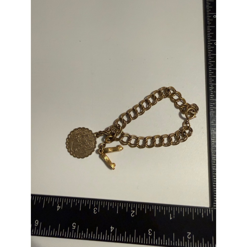 Vintage Gold Tone Happy Birthday Charm Bracelet Ballet Slipper Shoes Double Link